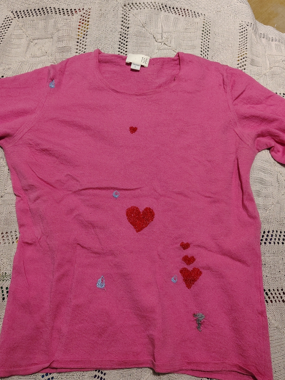 TSE Pink Heart Embroidered Long Sleeve Top